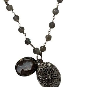 Antique/Vintage Locket Cameo Double Pendant Sterling Beaded Necklace Jewelry